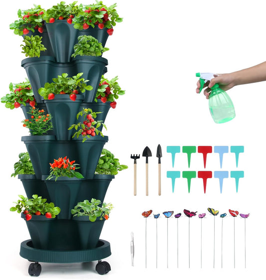 Vertical Planter, 6 Tier Stackable Strawberry Planter with Garden Tool Set, Movable Indoor/Outdoor Garden Herb Pot for Growing Vegetables and Succulents, Green