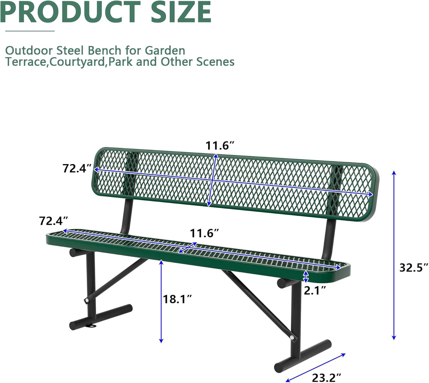 6FT Benches for Outside, Heavy-Duty Green Outdoor Garden Bench with Back, Metal Park Bench, Commercial-Grade Seating,Industrial Bench Patio Bench Furniture for Beach Yard School Shopping Centers