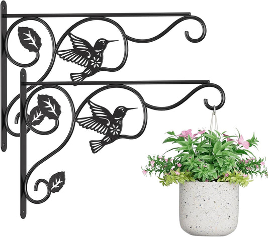 2 Pack Heavy Duty Plant Hooks for Hanging - 12 Inch Metal Wall Hangers Indoor/Outdoor, Sturdy Plant Bracket for Bird Feeders, Planters, Lanterns, Wind Chimes - Patio, Garden, Home Decor (Black)