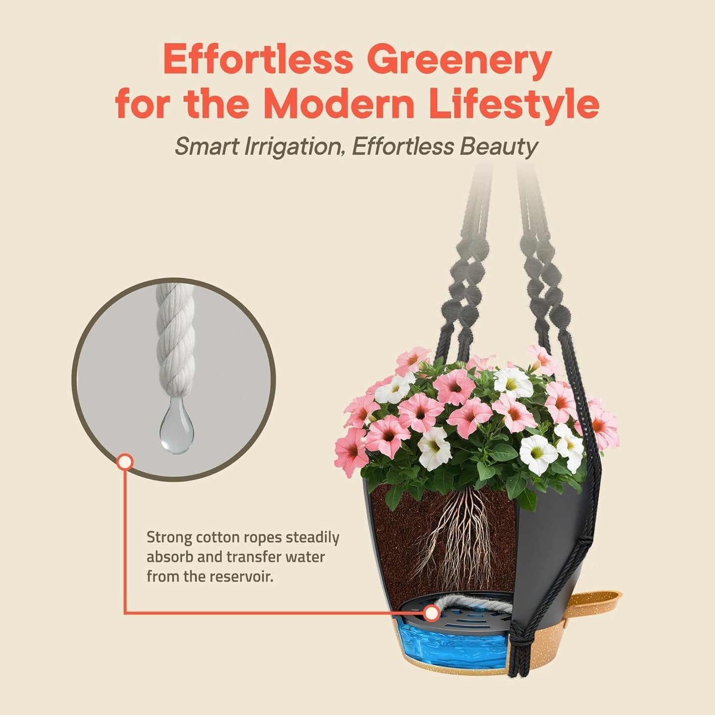 Black Hanging Self Watering Pots with Macrame Black Rope, 3 Pack Indoor & Outdoor Hanging Plant Pots with Built-in Reservoir, Wick Rope, Drainage Holes & Hooks, Stylish Boho Decor Hanging Planter