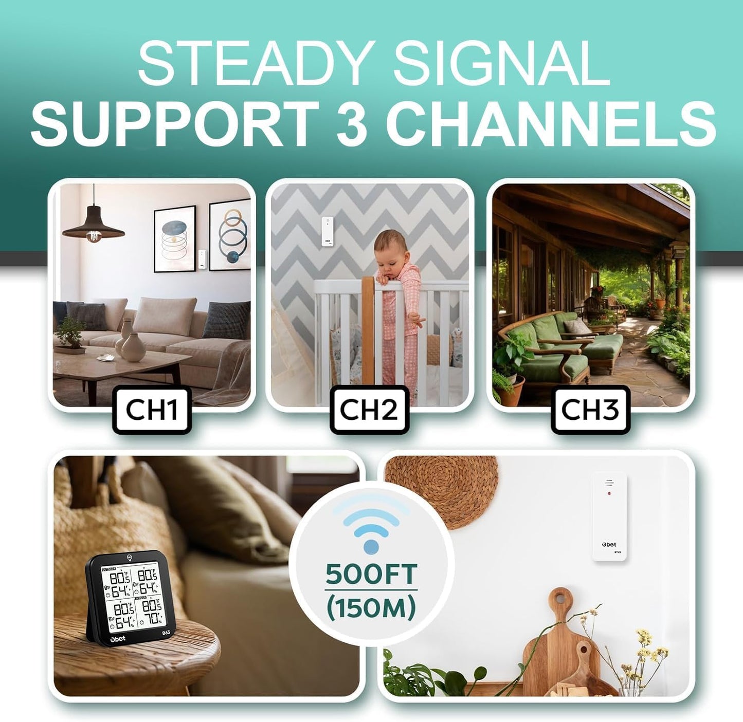 OBET Indoor Outdoor Thermometer Wireless with 3 Sensors Weather Station Temperature Humidity Monitor 500ft Range and Adjustable Backlight and Min Max Data Black