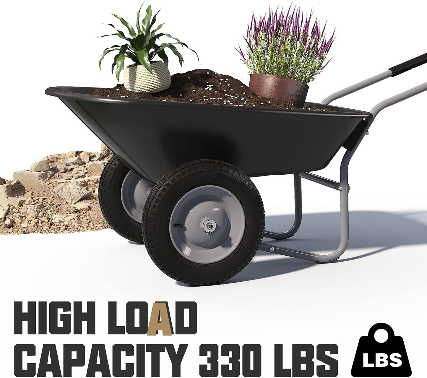 ARNOT Enlarged 2-Wheel Wheelbarrow, Easy Loading and Dumping Garden Cart, Heavy Duty Utility Dump Cart for Outdoor Lawn Yard Farm Ranch, Black