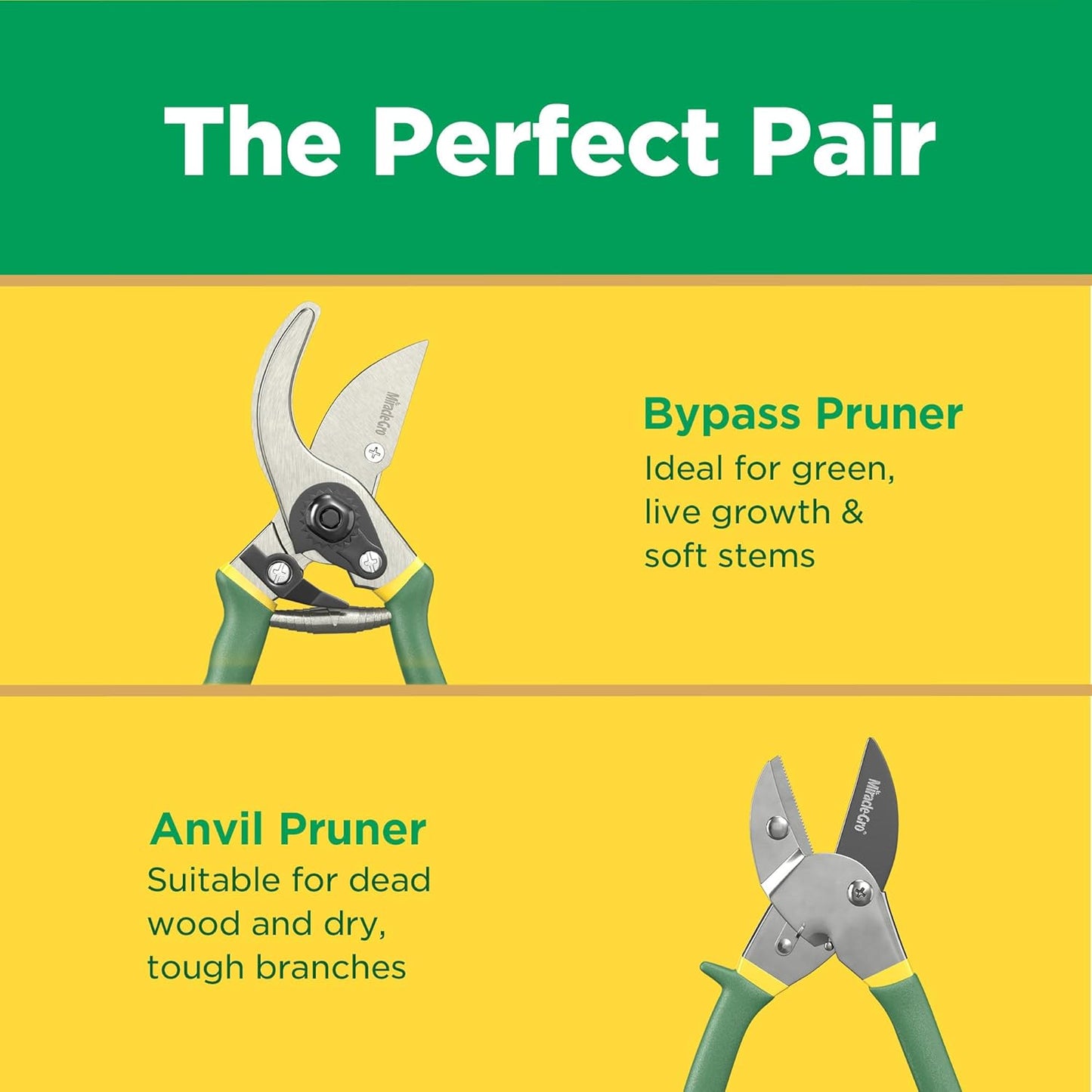 Miracle-Gro 2-Piece Pruning Shears Set – Includes 8 in. Bypass Pruner for Live Plants and 8 in. Anvil Pruner for Dry Stems – Sharp Carbon Steel Blades and Comfort Grip Handles for Garden and Yard Use