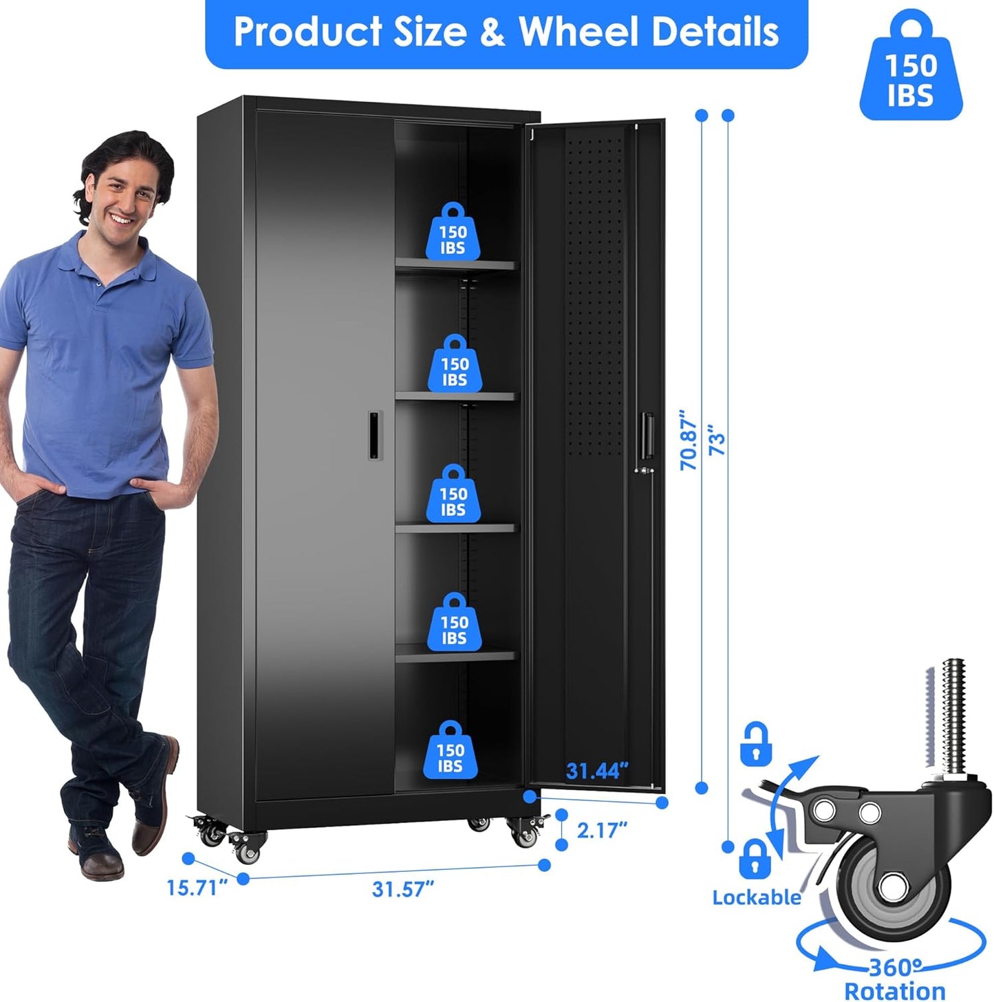 73" H Metal Garage Storage Cabinet with Wheels & Pegboard,Rolling Tool Cabinet with 2 Doors and 4 Shelves for Garage,Home,Office,Warehouse,Workshop, Required-Assembly,Black