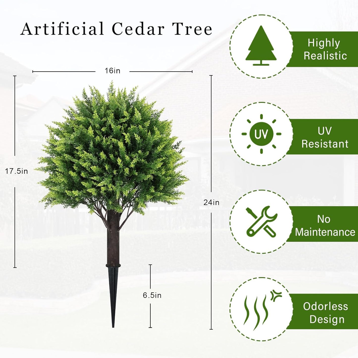 24" Artificial Cedar Topiary Ball Bushes, Set of 2 UV Resistant Fake Trees Outdoor Shrubs with Ground Spike, Weatherproof Faux Plants for Planter, Front Porch, Garden, Yard, Patio Decor