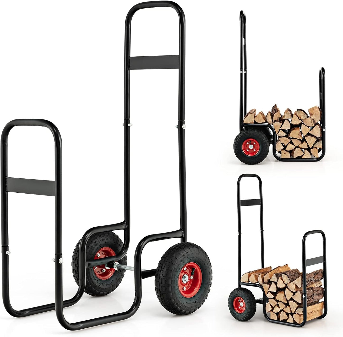 S AFSTAR Firewood Cart with Wheels, Heavy-Duty Steel Wood Log Carts w/Shockproof Wheels & Portable Handle, 3.6ft/44“H Rolling Firewood Log Carrier, Wood Storage Rack Mover, 220 lbs Weight Capacity