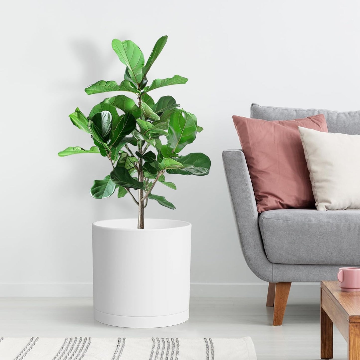 12 Inch Large Deep Flower Pots for Outdoor Indoor Plants, Cylinder Tall Plant Pots with Drainage Holes and Saucer, Big Decorative Plastic Planter Pots for Garden House Plants, White