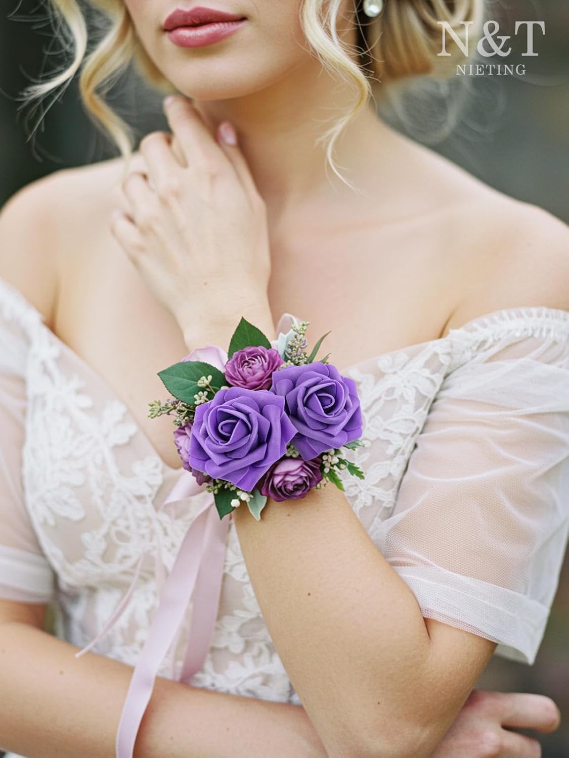 N&T NIETING Fake Flowers Purple Roses, 50Pcs Artificial Flowers Foam Roses with Stems for DIY Wedding Bridesmaid Bridal Bouquets Centerpieces Party Home Decoration Baby Showe