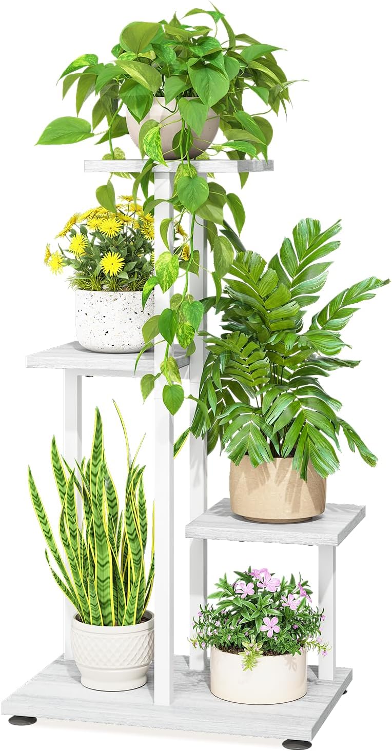 LASZOLA White 4 Tiered Wood Plant Stand Indoor for Large Heavy Duty Planter, Sturdy Multi Level Corner Vertical Flower Rack for Narrow House, Rustic Tall Orchid Shelving Holder for Decor, Space Saving