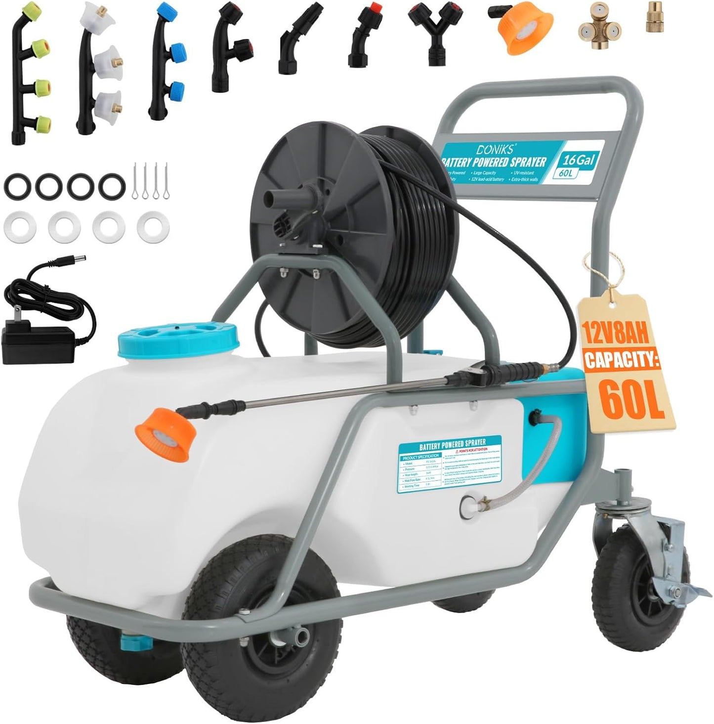 16 Gallon Battery Powered Sprayer with Wheeled Cart,0-90PSI,5-6h Spray Time,164FT Hose with Reel,Adjustable HD Wand and 10 Nozzles, Rotating Wheels with Brake for Lawn & Garden Spraying,Cleaning
