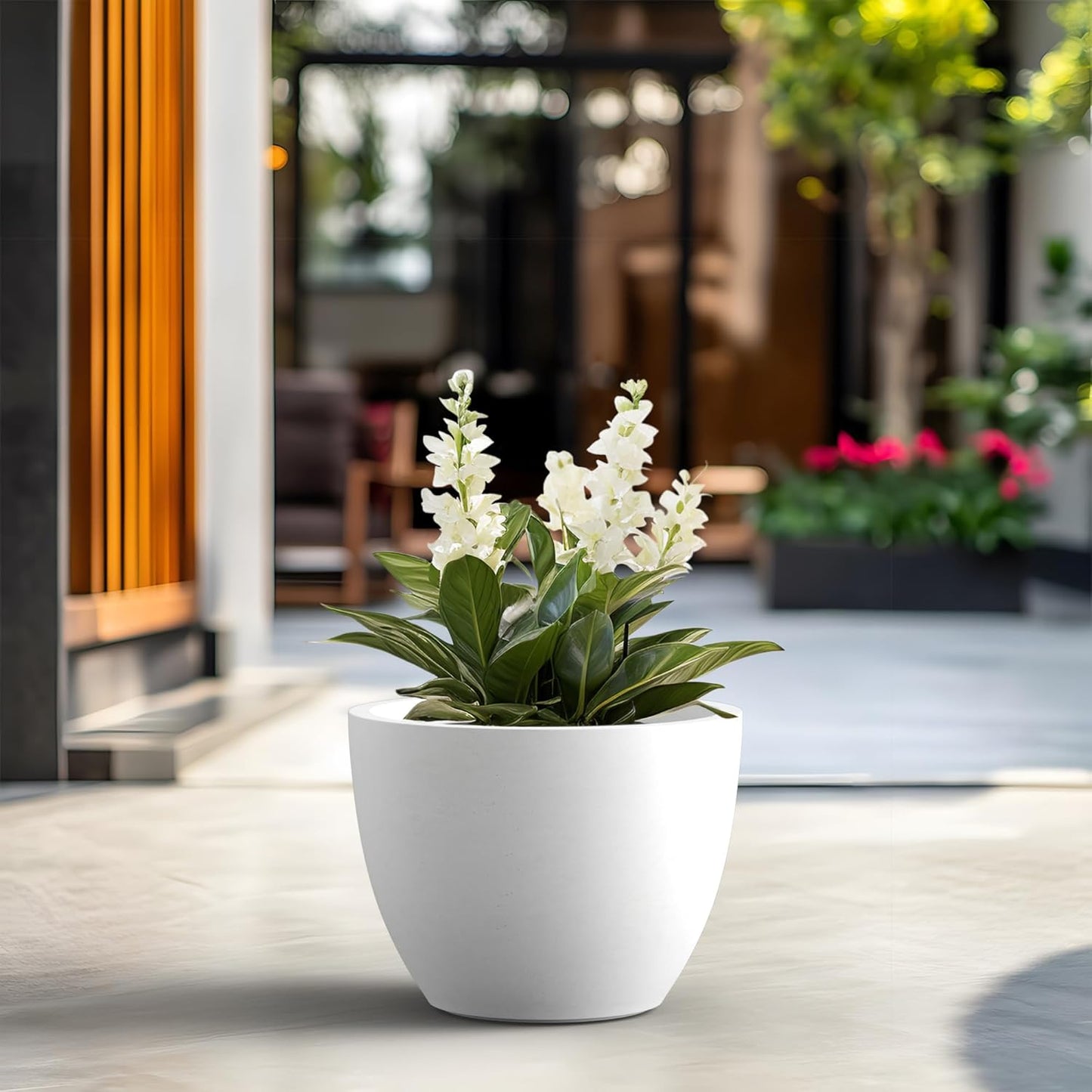 Kante 17.3 Inch Round Concrete Planter - Classic Large Indoor/Outdoor Plant Pot with Drainage Hole and Rubber Plug, Suitable for Gardens and Patios, White Finish with Aqua Blue Interior