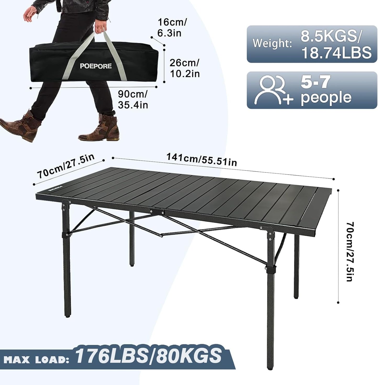 Large Folding Camping Table Aluminum for 5-7 People 55"X27.5" Roll Up Tall Outdoor Portable Table Lightweight with Carry Bag for Picnic BBQ Backyard Beach Black