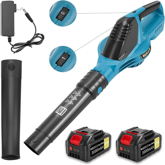 Wgkok Leaf Blower Cordless - 21V 5-Speed Mode Electric Cordless Leaf Blower with 2 Batteries and Charger, 2.0Ah Lightweight Battery Powered Leaf Blowers for Lawn Care, Patio, Blowing Leaves (Blue)