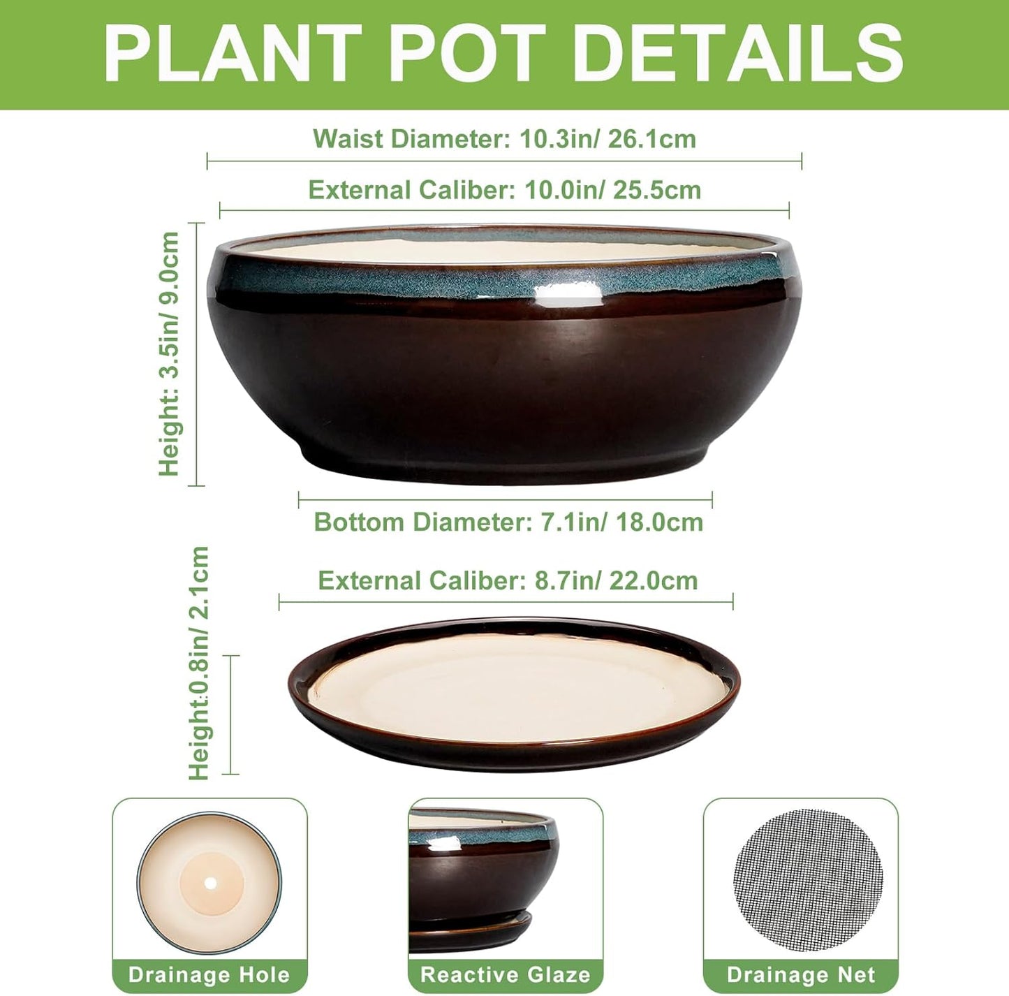 SQOWL Bonsai Tree Pots - 10 Inch Ceramic Succulent Pots with Drainage Hole and Saucer, Round Shallow Plant Pot Indoor Outdoor, Ceramic Bonsai Pot, Bowl Planter, Home Decor, Garden Gifts, Blue-Brown