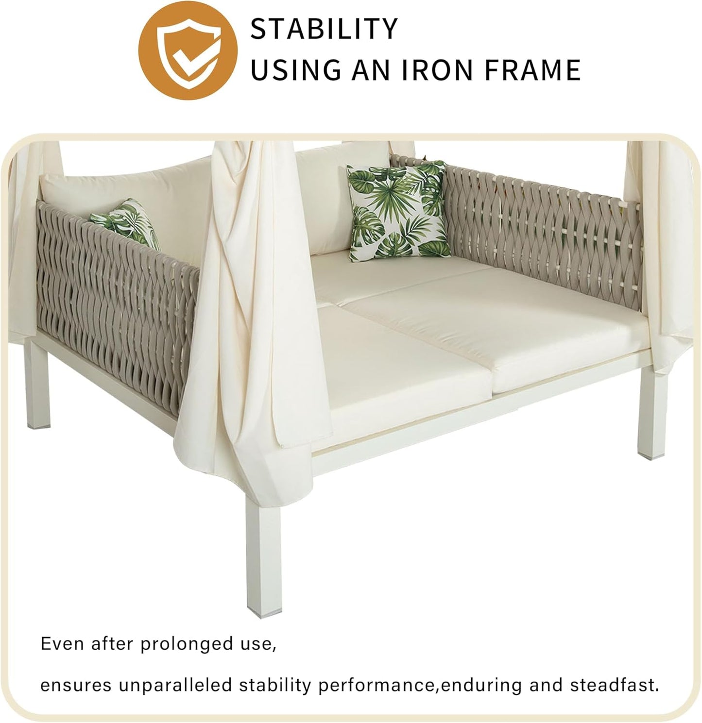 Polibi Outdoor Patio Sunbed with Beige Curtains,Outdoor Sun Lounger Bed with Pillows,Rubber Core Rope Weaving Outdoor Double Chaise Lounge Suitable for Pool,Garden,Beige