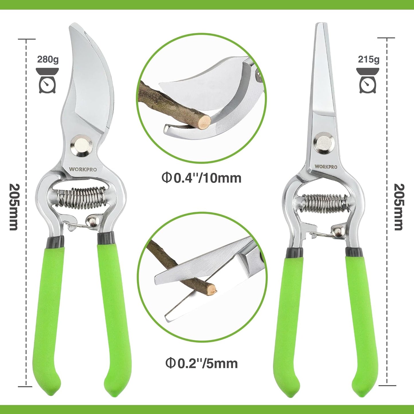 WORKPRO 2-Piece Pruning Shears and Garden Tool Belt Set, Gardening Belt with 5 Pockets and Adjustable Waist Belt, 8" Bypass Garden Shears and 8'' Handing Pruner with Steel Straight Blade