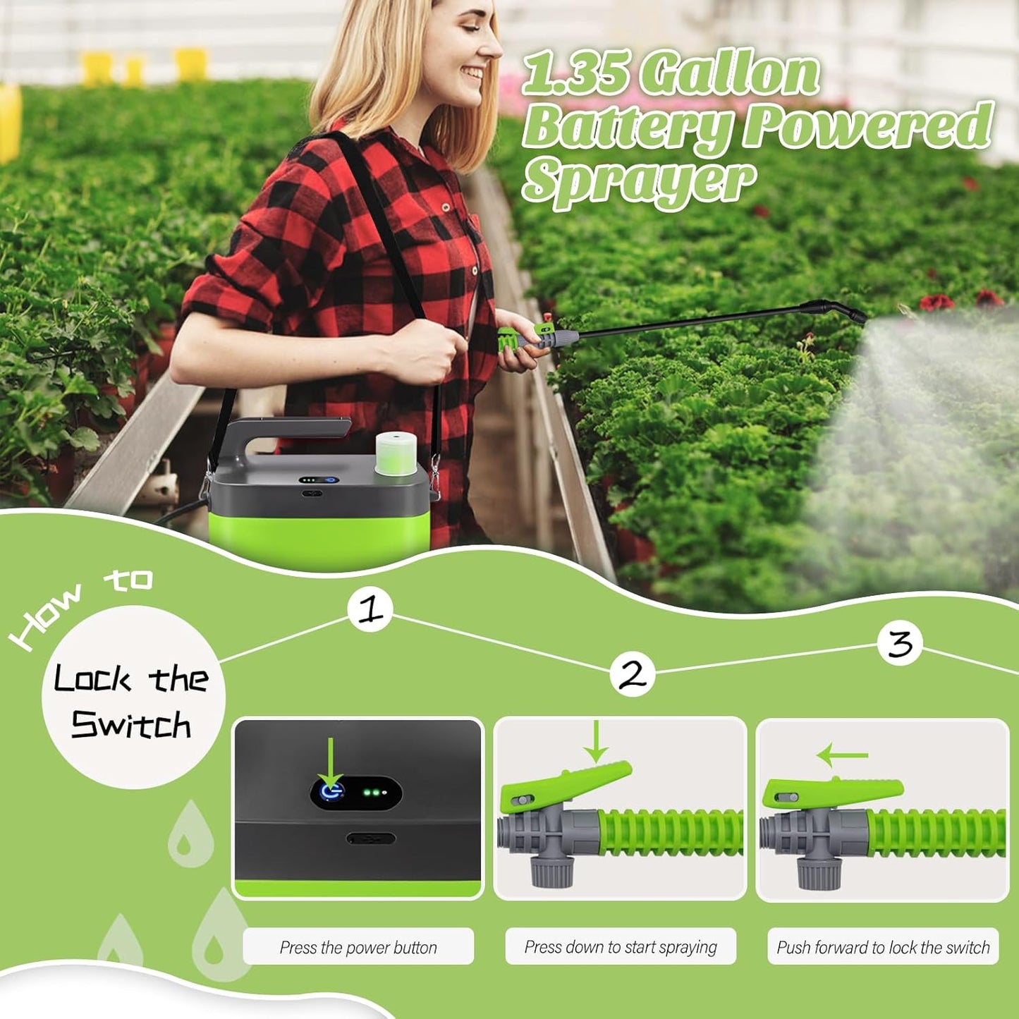 Battery Powered Garden Sprayer, 1.35 Gallon Electric Sprayer with USB Rechargeable Handle, 3 Mist Nozzles, Retractable Wand, Battery Pump Sprayers with Adjustable Shoulder Strap for Lawn and Yard