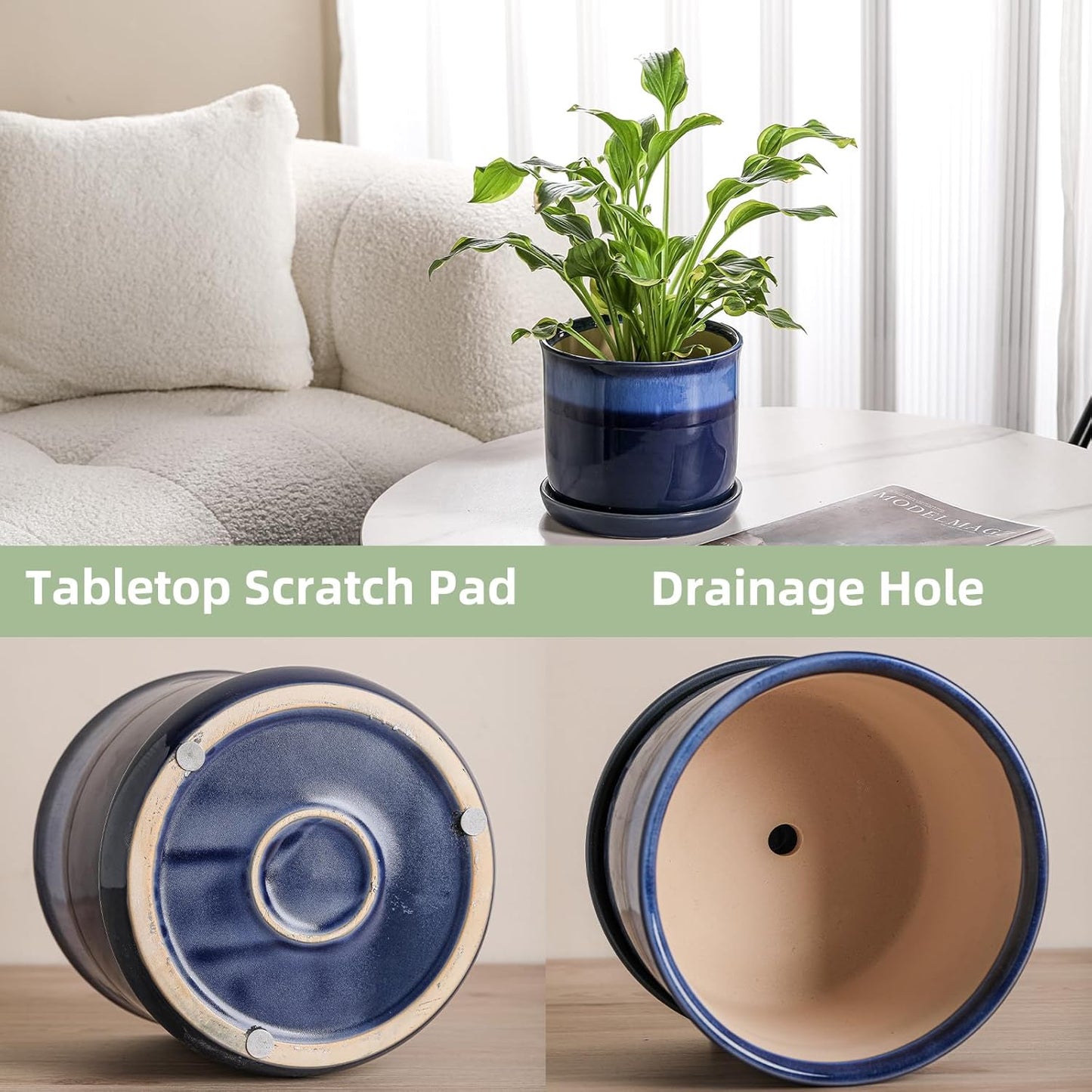 8 Inch Plant Pot: Ceramic Planter with Drainage Hole & Saucer for Indoor Outdoor Plants - Flowerpot with Bonded Tray for Home Office - Blue Reactive Glaze