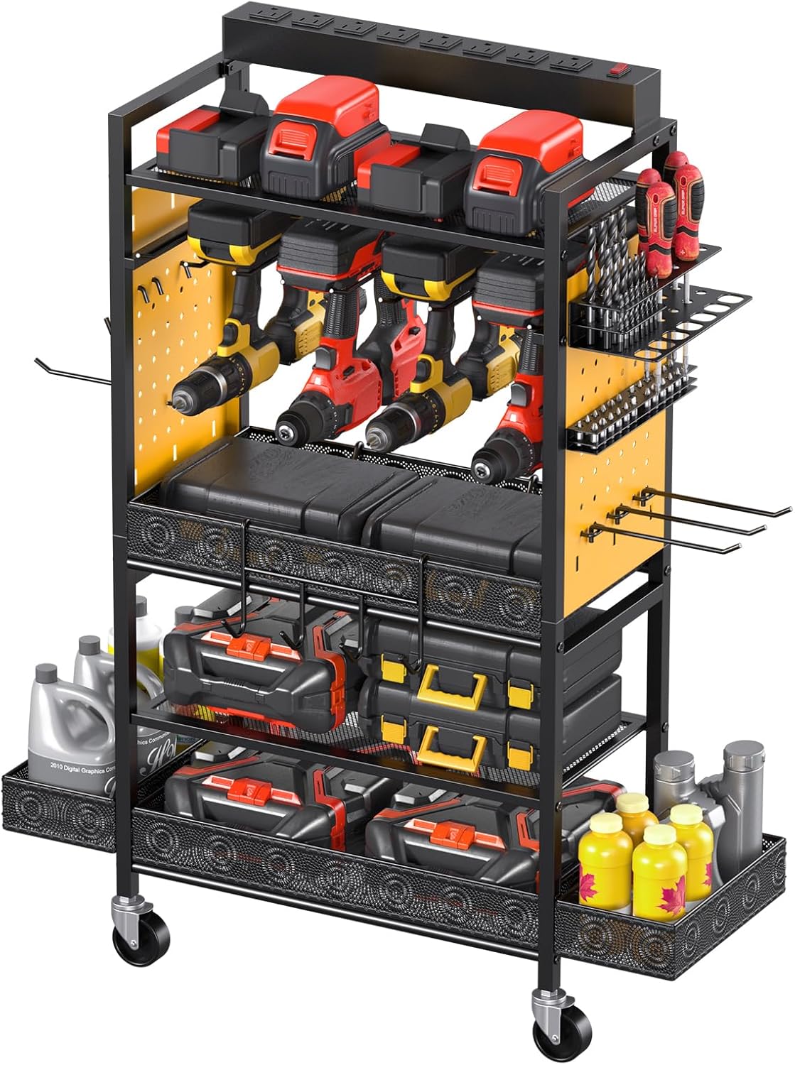 CCCEI Garage Power Tools Organizer Cart with Charging Station, Yellow Floor Standing Rolling Drill and Tools Battery Storage Cart on Wheels. Utility Rack Gift for Men, Husband, Father.