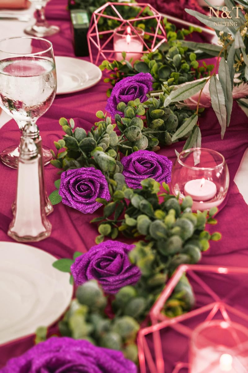 N&T NIETING Artificial Flowers Glowing Purple Flowers Foam 25pcs Glitter Roses Real Looking Fake Roses with Stem for DIY Wedding Bouquets Centerpieces Bridal Shower Party Home Decorations