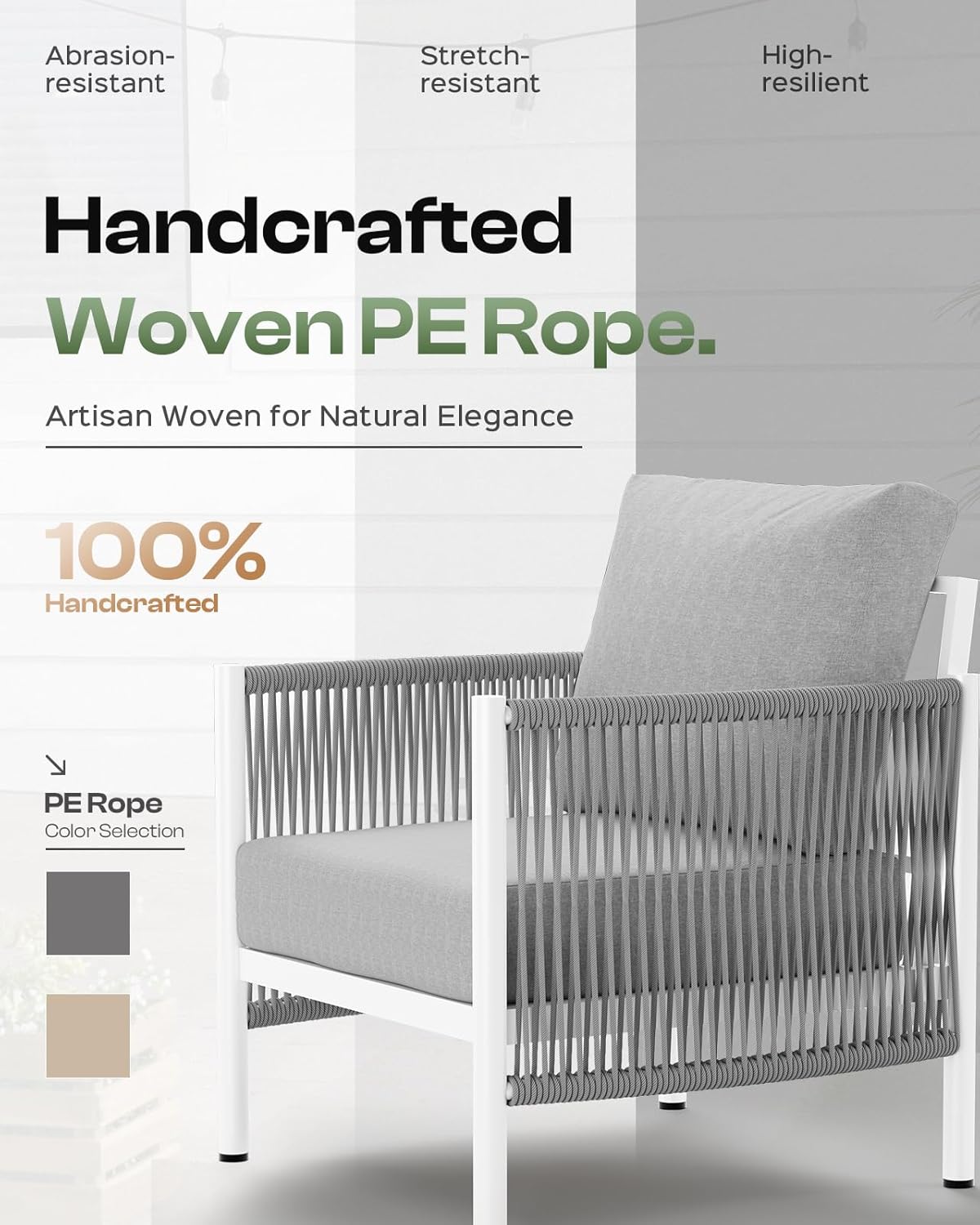 Aluminum Outdoor Patio Furniture Set, HDPE Rope 5 Piece Modern Sectional Conversation Sets with Dual-Layer Coffee Table, All Weather Patio Couch Sofa with Thick Cushions, White Frame, White