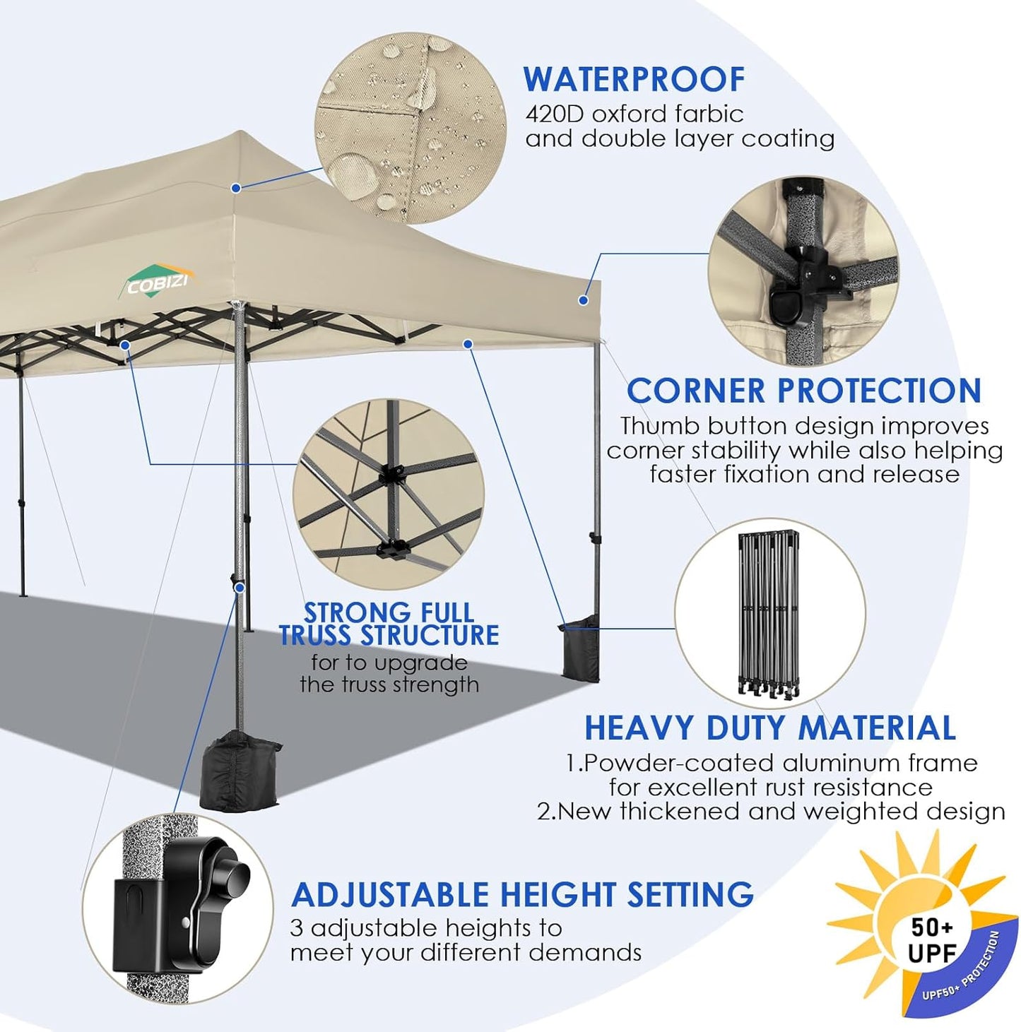 COBIZI 10x30 Pop up Canopy, Heavy Duty Outdoor Party Tents for Parties, Ez up UPF 50+ Waterproof Commercial Canopy with Wheeled Bag can fold, Khaki(Windproof Upgraded)