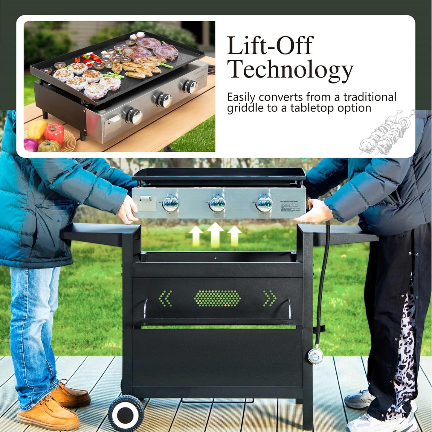 Sophia & William 27-Inch Flat Top Grill with Ceramic Coated Cast Iron Griddle, 3-Burner Propane Gas BBQ Griddle, Portable Outdoor Barbecue Grill,33,000 BTU,Black