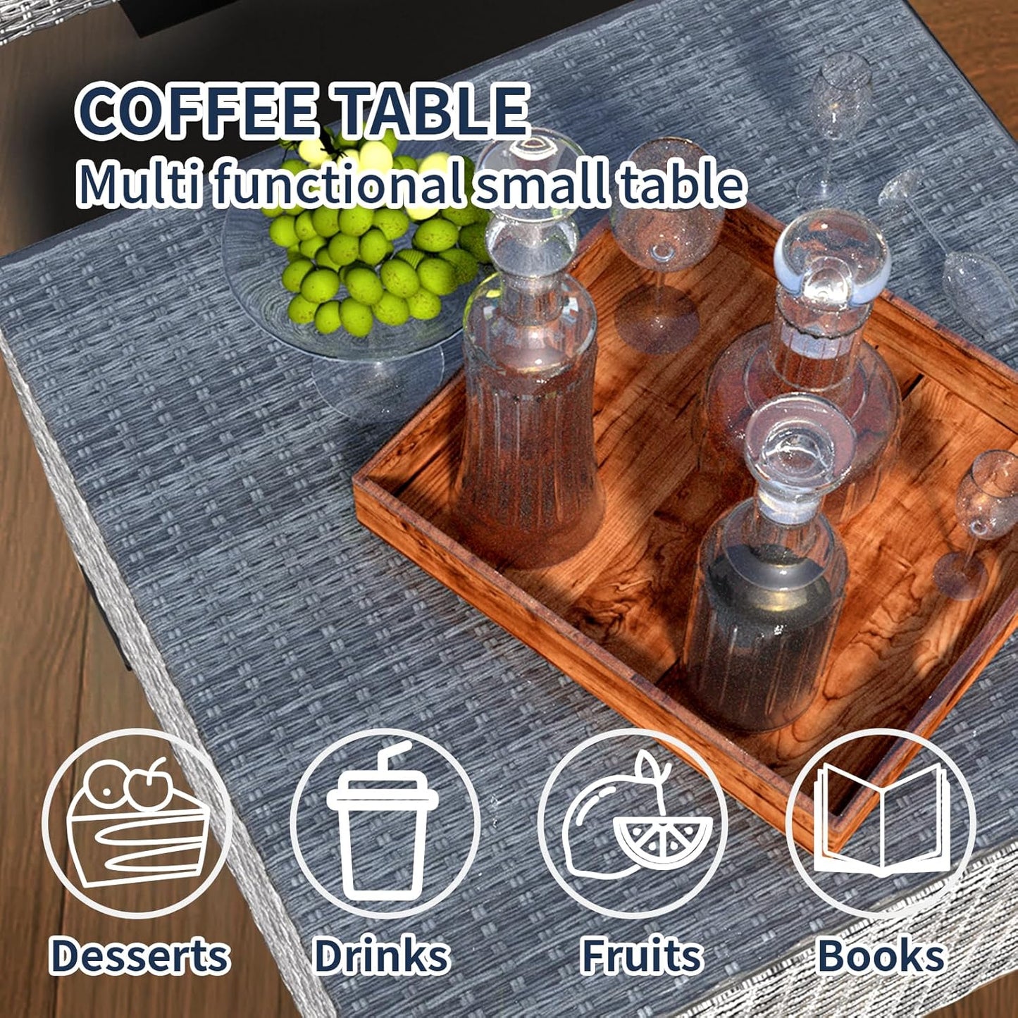 7 Piece Patio Furniture Set, Rattan Outdoor Patio Conversation Sets, Outdoor Sectional Furniture with Waterproof Cushion and Coffee Table, for Deck, Backyard, Garden, Dark Blue