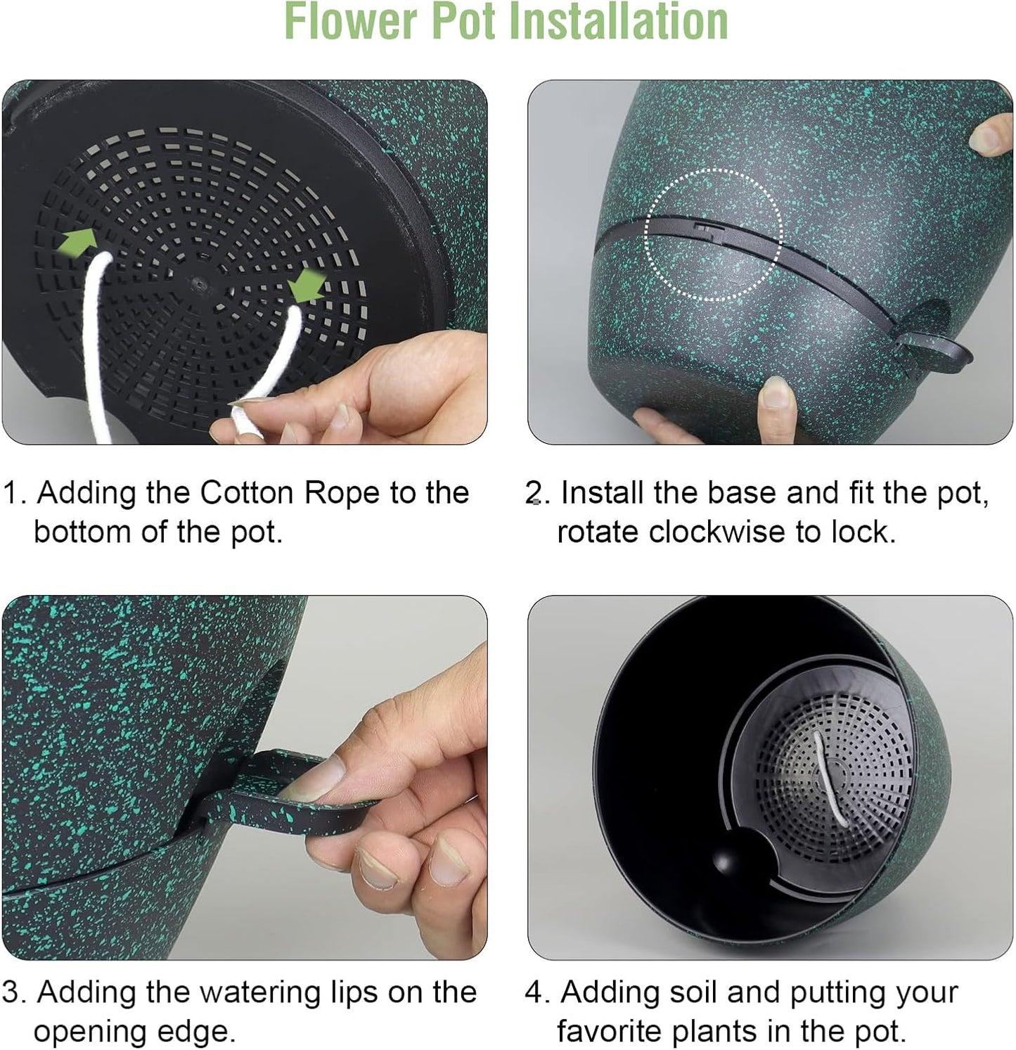 12 inch Large Self Watering Pots for Indoor Outdoor Plants, Flower Plant Pots with Mesh Drainage Holes for Garden House Plants, Plastic Planters for Home Plants, Black with Green Speckles