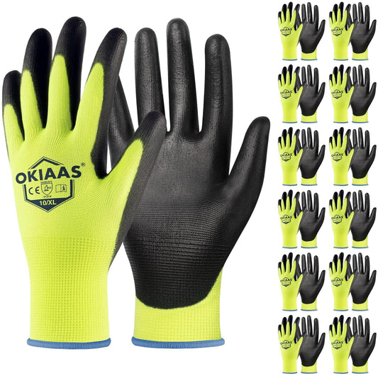 OKIAAS Work Gloves for Men, Ultra Thin and Lightweight Working Gloves with Grip, 12 Pairs Bulk Pack Construction Gloves with Polyurethane Coating for Light Duty Work (Green, X-Large)