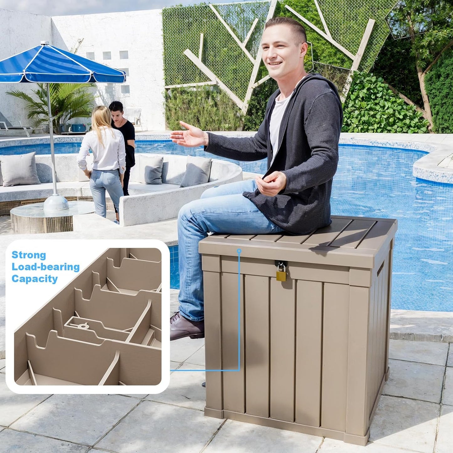 50 Gallon Waterproof Outdoor Storage Box,Resin Deck Box,Lockable Outside Storage Box Container for Patio Furniure,Garden Tools (50 Gallon,Grey)