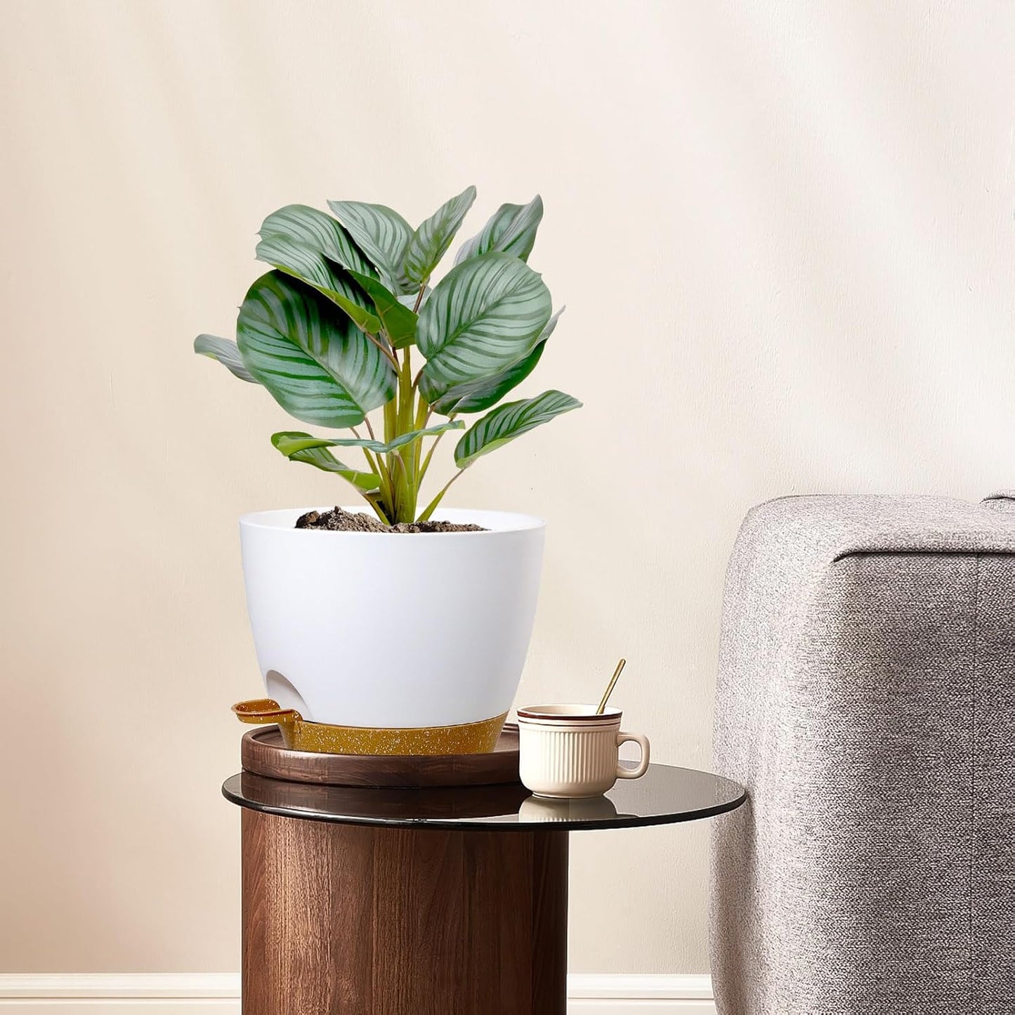 12/10/9 inch Large Self Watering Pots, Plant Pots with Mesh Drainage Holes for Indoor Outdoor Garden Plants, Flower Pots with Deep Reservoir, 3 Pack Plastic Planters, White with Brown