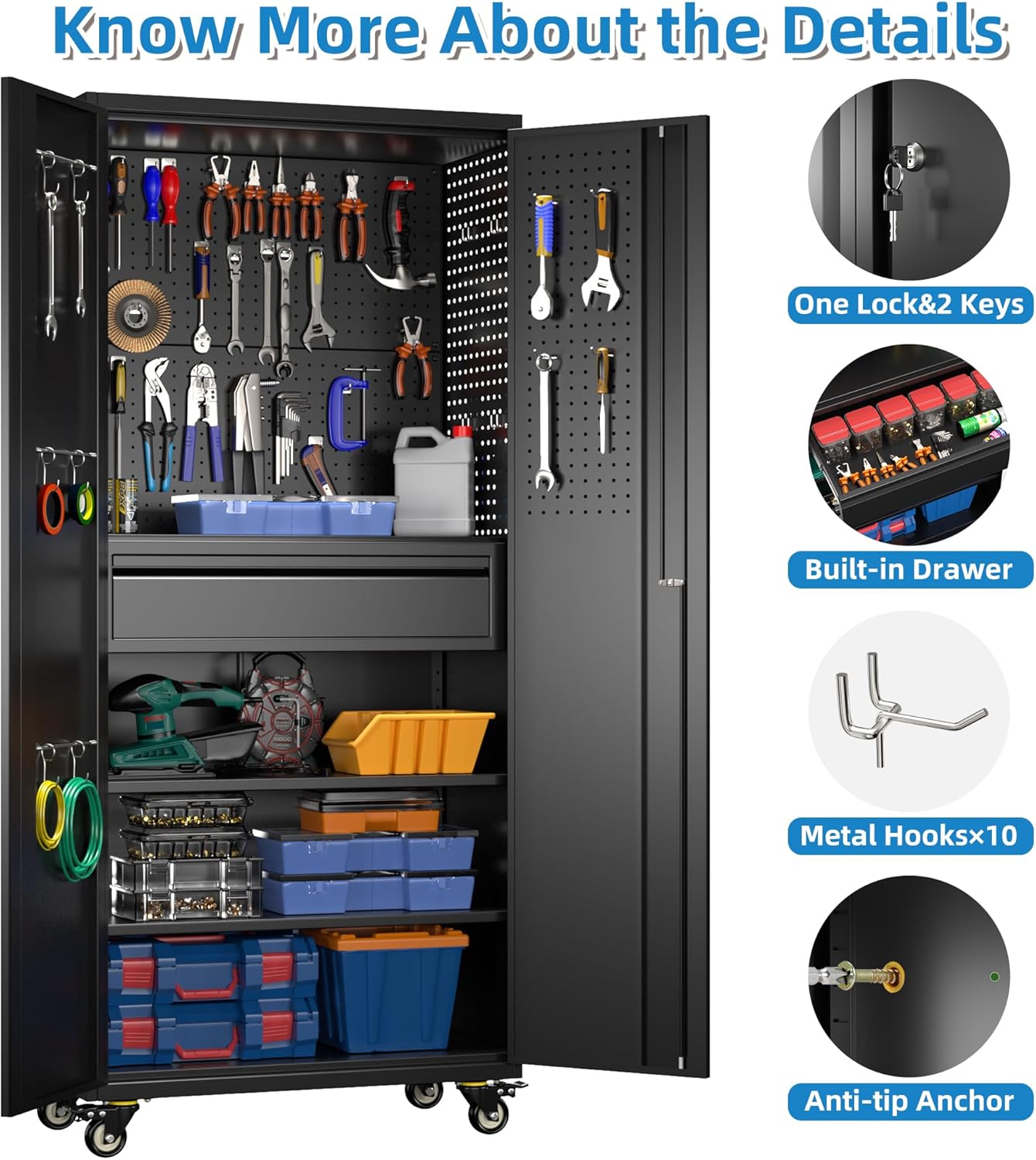 71" H Metal Garage Storage Cabinet with Locking Doors and 2 Adjustable Shelves, Rolling Tool Storage Cabinet with Wheels, Drawer, Pegboard and 16 Hooks for Garage, Warehouse, Black