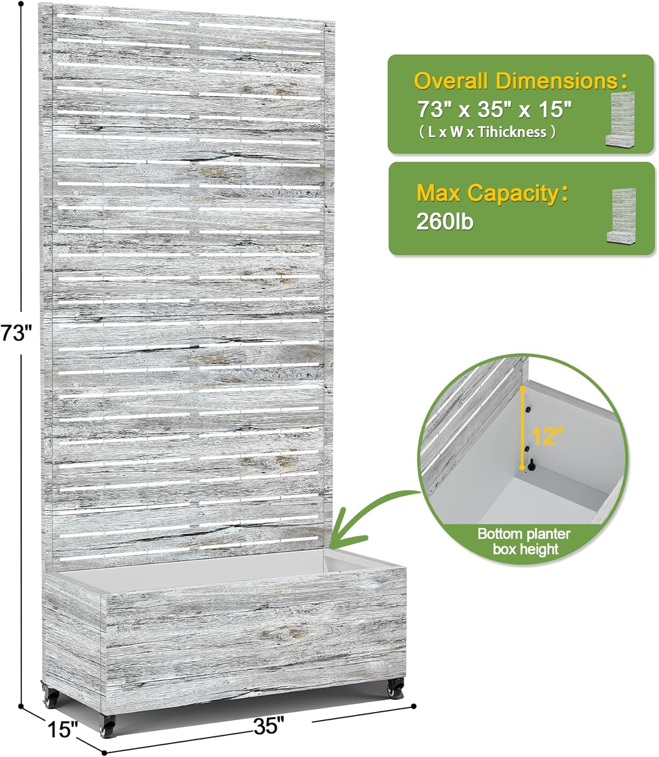 FENCY Metal Raised Garden Bed with Wheels and Trellis,73"x35"x16" Planter Box for Climbing Plants, Vegetables & Vines, Features Privacy Screen and Drainage Holes (White Wood Color)