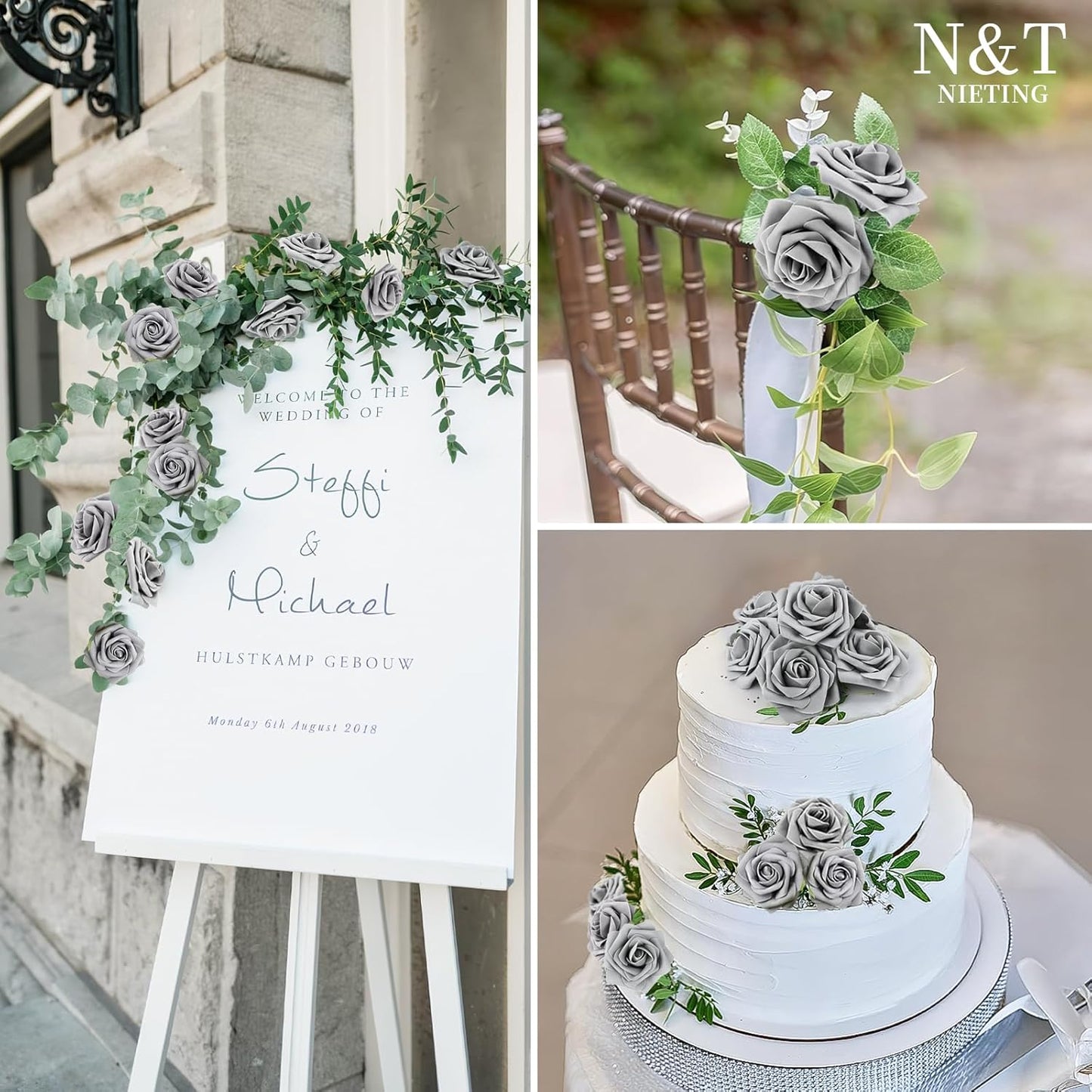 N&T NIETING Artificial Rose, 25pcs Gray Fake Foam Flowers with Stems for Wedding Party Baby Shower Cake Decoration, Home Display