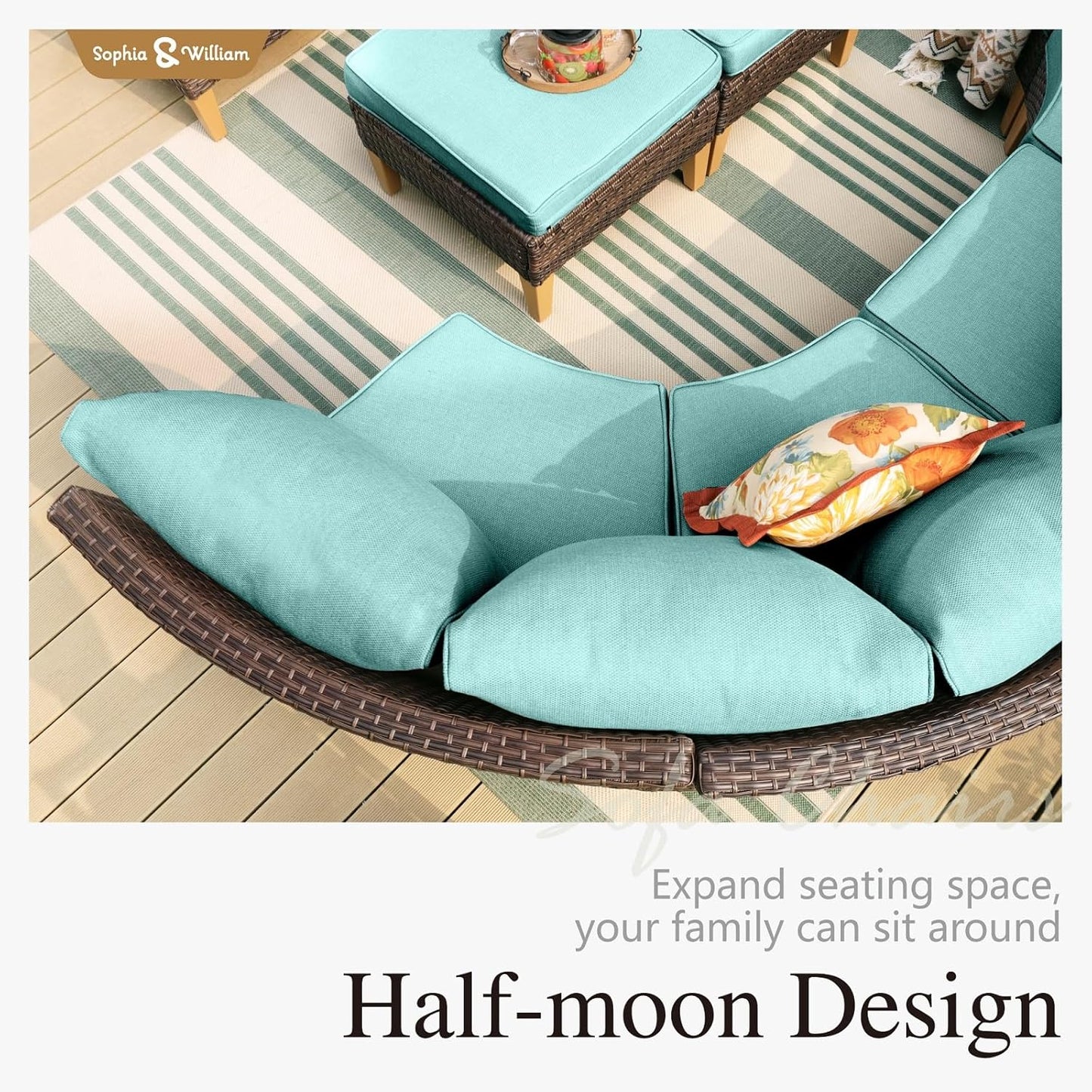 Sophia & William Patio Furniture Set, 10 Piece Half Moon Outdoor Wicker Sectional Sofa Set, High Back Rattan Conversation Set with Ottoman for Backyard, Deck, Pool(Aqua Blue)