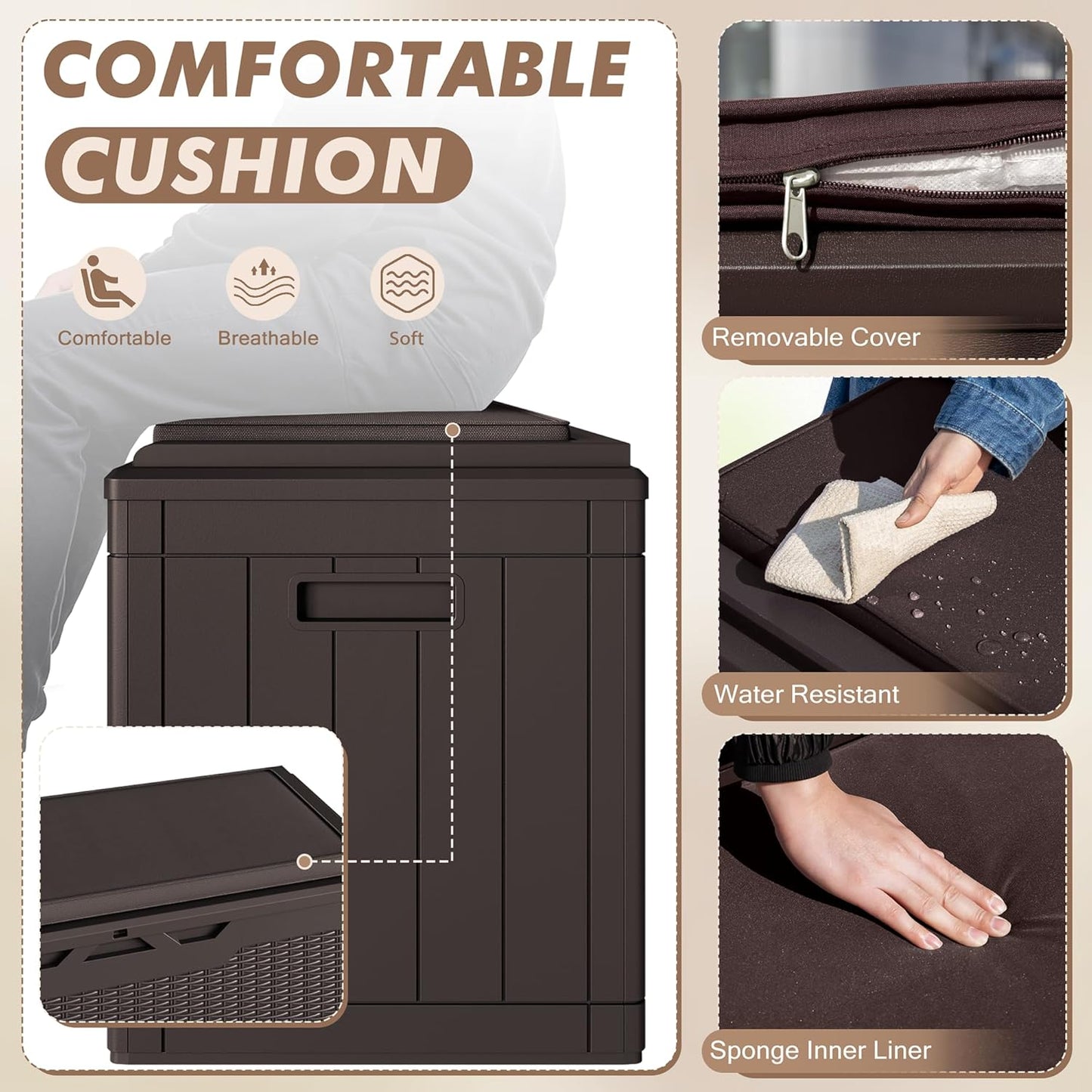 Devoko 100 Gallon Deck Box, Waterproof Resin Outdoor Storage Box with Cushion for Outside and Patio, Large Outdoor Storage Bench Cabinet Lockable for Patio Furniture and Garden Tools (Deep Brown)