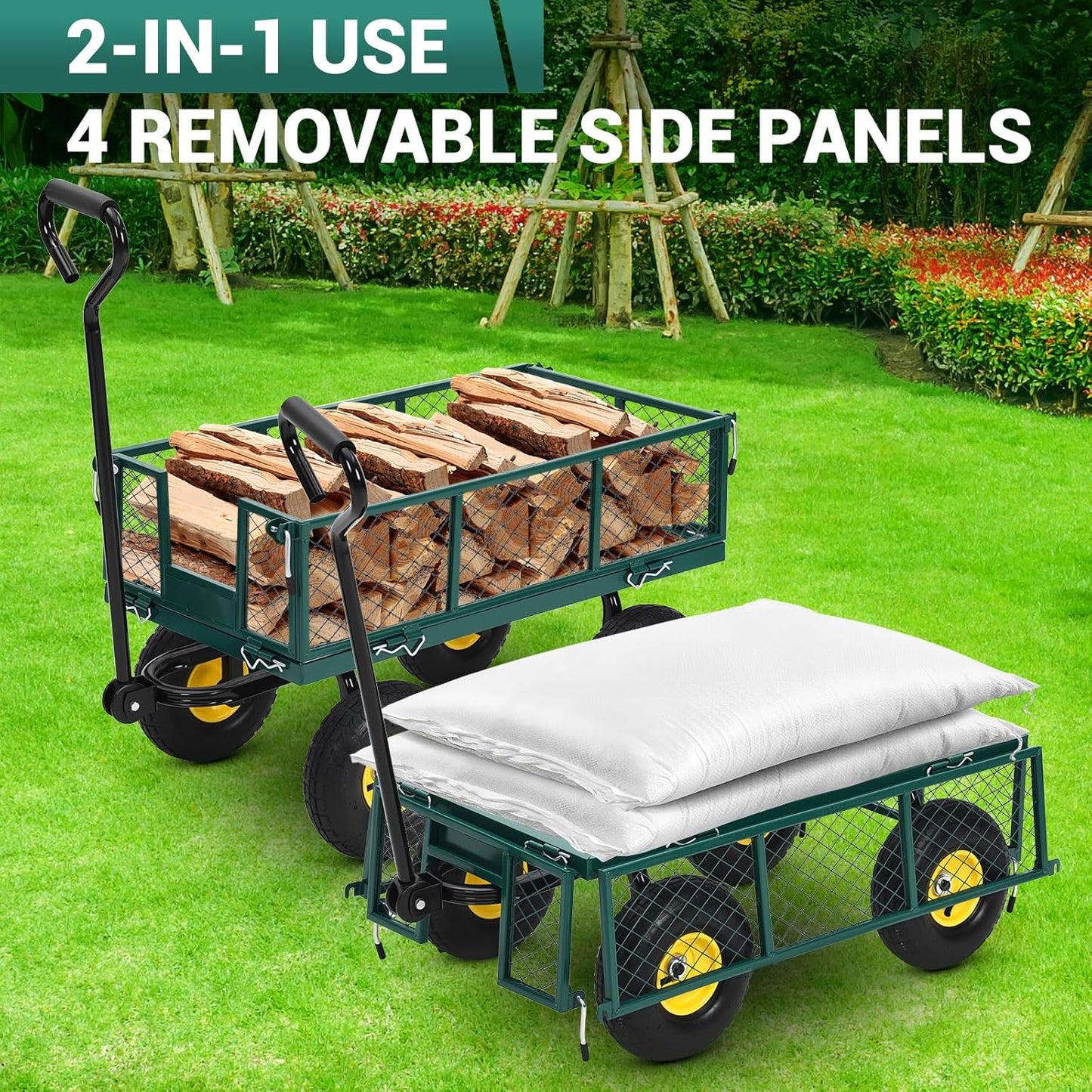 550 Lbs Steel Garden Cart. Heavy Duty Metal Garden Wagon with 10" Wheels, Pullable Metal Garden Wagon w 180° Rotating Handle and Removable Sides for Farm, Yard,