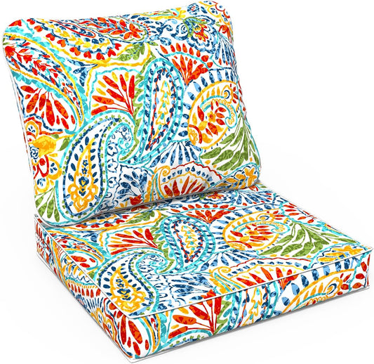 LVTXIII Outdoor Deep Seat Cushion 24"x24"x4" Patio Seat and Back Cushion Set Seasonal Chair Cushion for Dining Arm Chairs, Wicker Chairs and Garden Furniture Decoration, Paisley Multi
