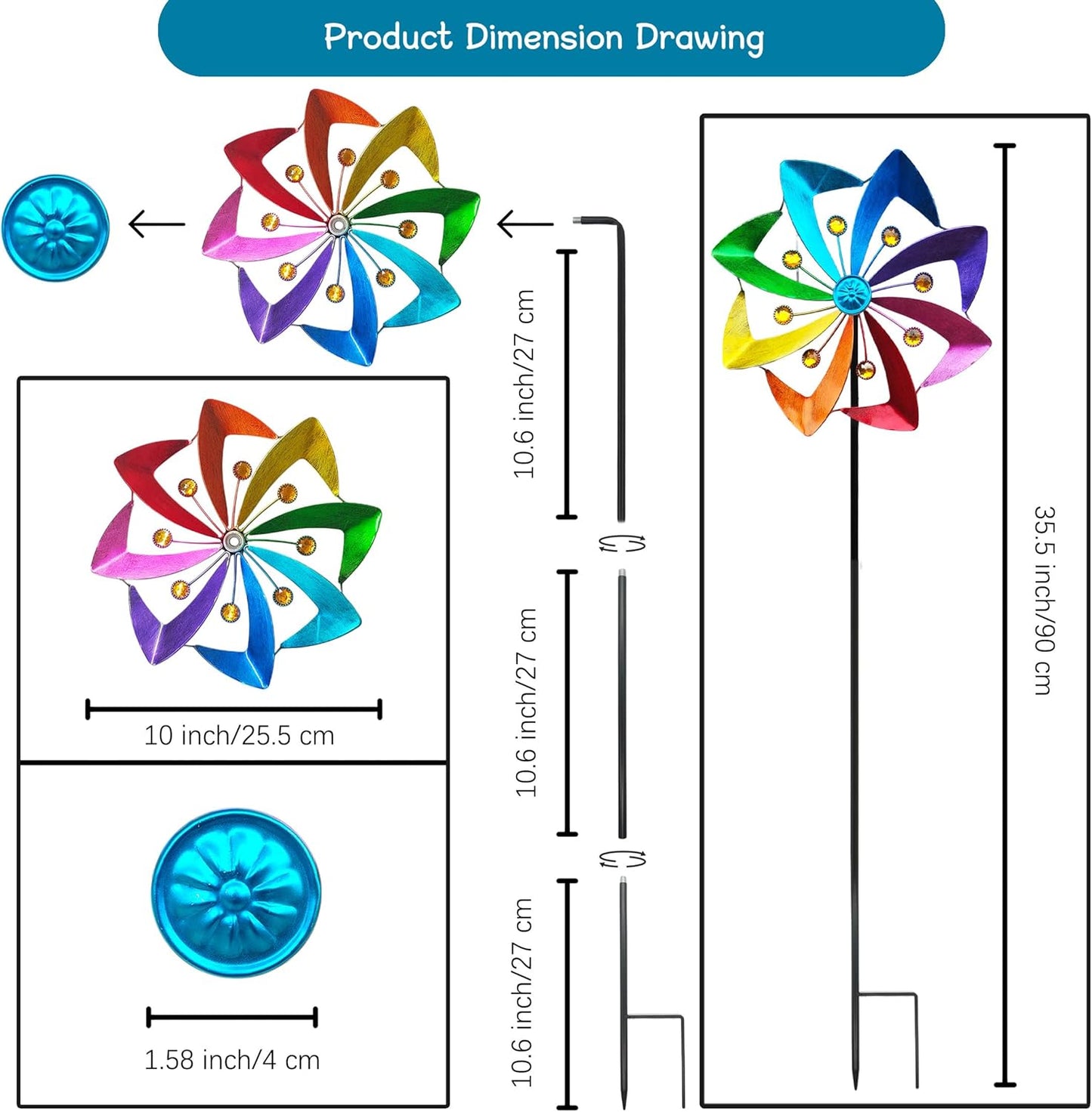 Wind Spinners Outdoor, 10 inch Wind Sculptures & Spinners, Metal Kinetic Wind Spinner, Decorative Pinwheels Large Wind Spinners for Yard and Garden Decor,Rainbow