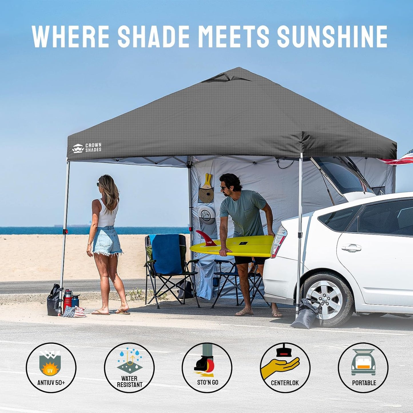 CROWN SHADES Canopy Tent 10x10 Pop Up Canopy Outdoor Shade with Pockets Sidewall, Easy Up Sun Shelter with One Person Set Up Center Lock, Portable Instant Camping Beach Canopies Tents, Grid Grey