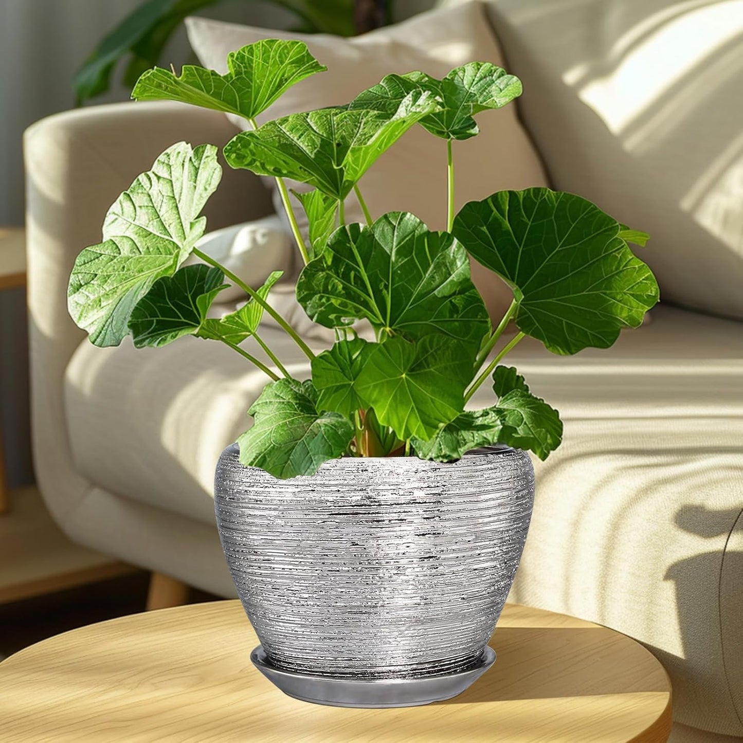 Pot for Plants 8 Inch - Ceramic Plant Pot Indoor with Drainage Hole and Saucer Decorative Planter for Indoor Plants Modern Round Flower Pot for Home Decor Silver
