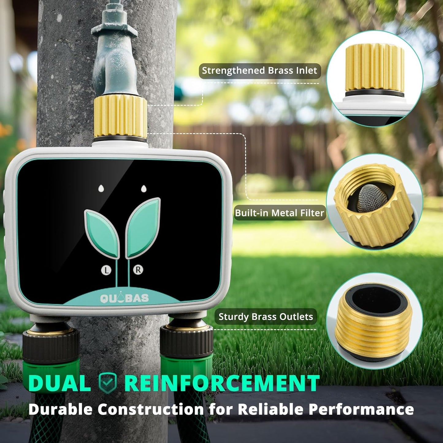 QUOBAS WiFi Sprinkler Timer with Brass Inlet & Outlet, 2-Zone Smart Water Timer for Garden Hose with APP Remote Control, Manual Watering, Rain Delay Watering, for Lawn, Garden