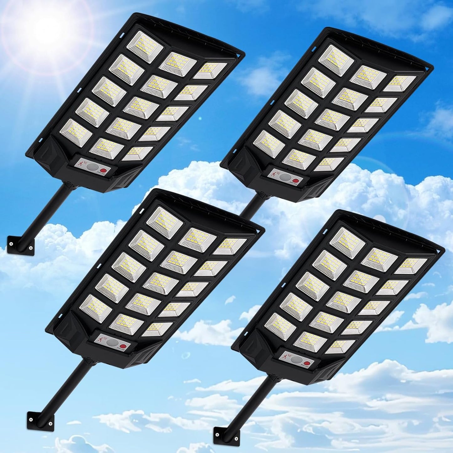 Solar Lights Outdoor,IP66 Waterproof Solar Street Lights with Motion Sensor & Remote,6500K Dusk to Dawn Flood Light for Parking Lot/Yard/Garden (4 Pack)