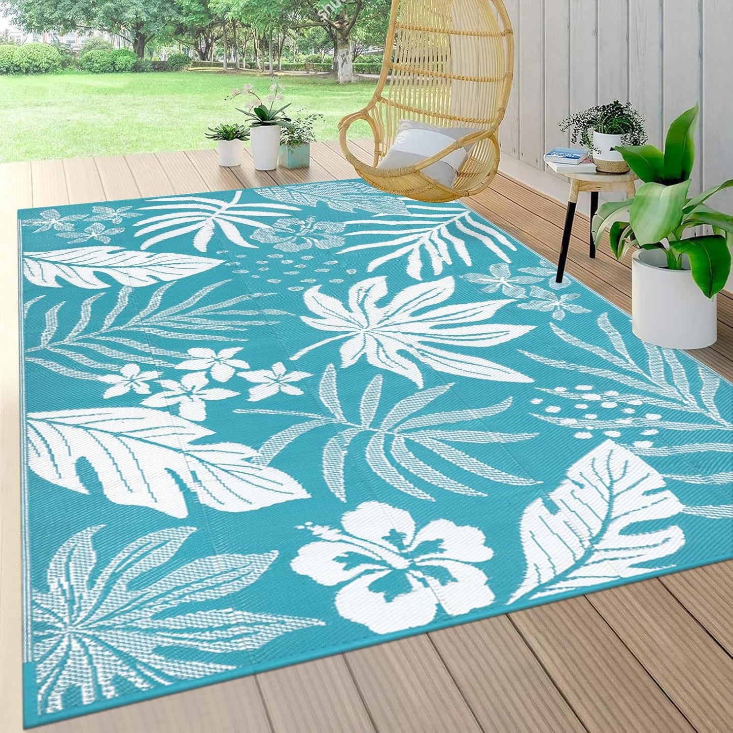 Pauwer Waterproof Outdoor Rug 5x8, Reversible Plastic Straw Patio Camping Rug, Indoor Outdoor RV Mat Carpet for Deck, Camper, Porch, Balcony, Backyard, Picnic, Floral Teal