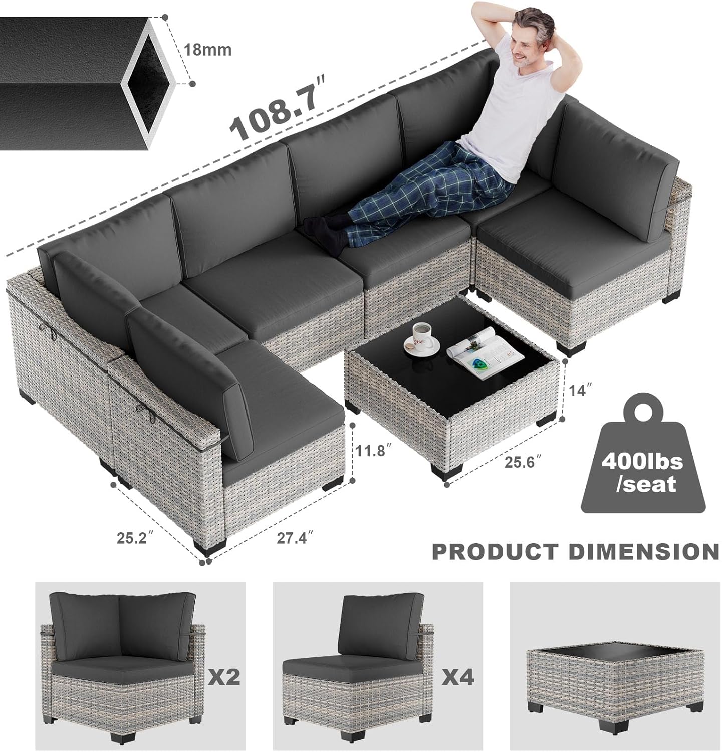 7-Piece Patio Furniture Set, Outdoor Sectional with Thick Cushions, Modular Patio Sofa, Dual-Strand Wicker Rattan, Rust-Resistant Frame, Backyard Furniture for Garden, Deck, Dark Black