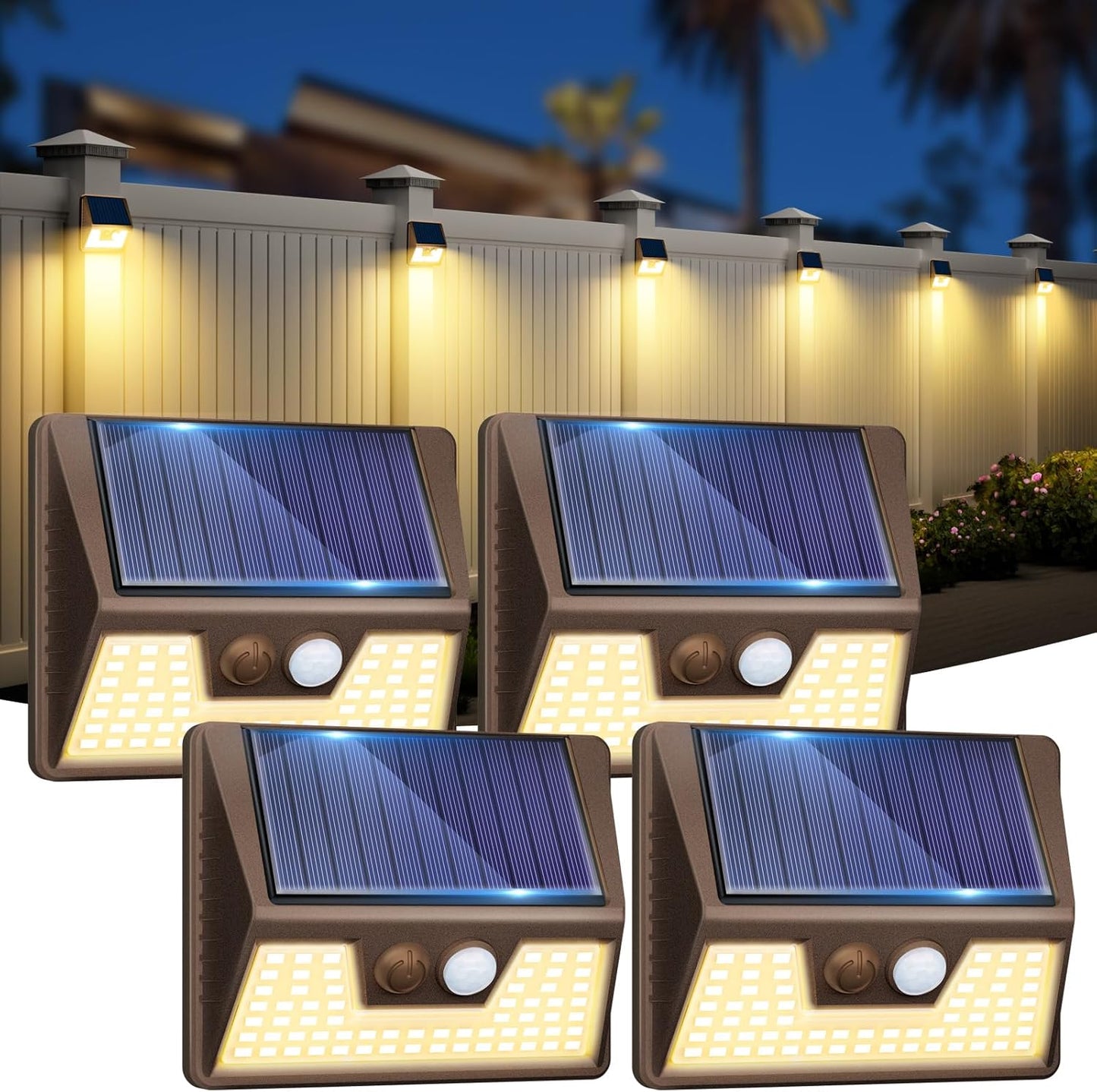4 Pack Solar Fence Lights Waterproof, Motion Sensor Deck Outdoor, Warm White LED for Wall Yard Steps Stairs Garden - Brown