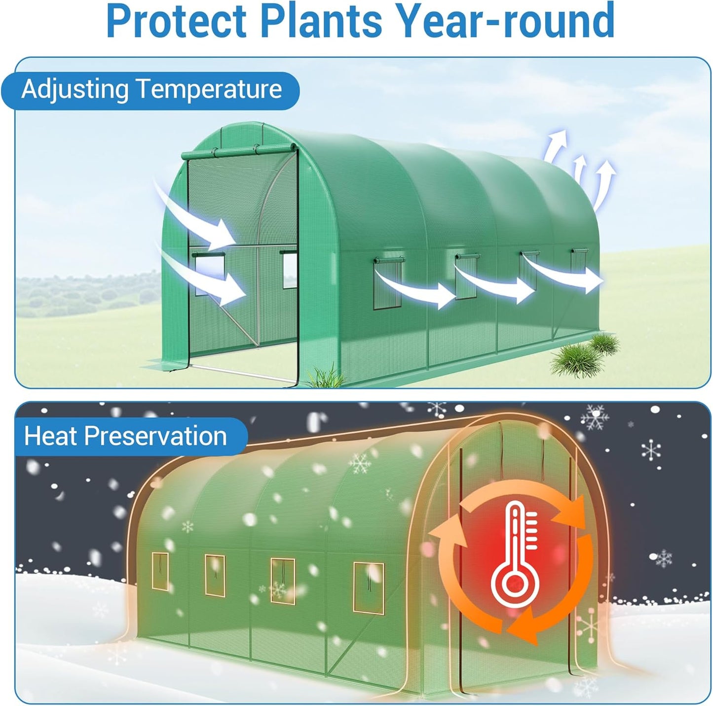 15x7x7 Ft Walk-in Tunnel Greenhouse for Outdoor Gardening - Heavy Duty Galvanized Steel Hoop House with Green PE Cover, Roll-Up Zipper Door & 8 Vent Windows, Plant Protection & Year-Round Growing