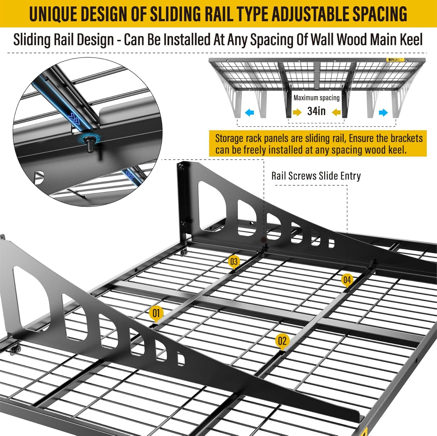 2x3ft Adjustable Rail Wall Garage Storage Shelf, for Tool Room, Storage Room, Store Supermarket Wall Storage Shelving Rack (4 Pack-Black)