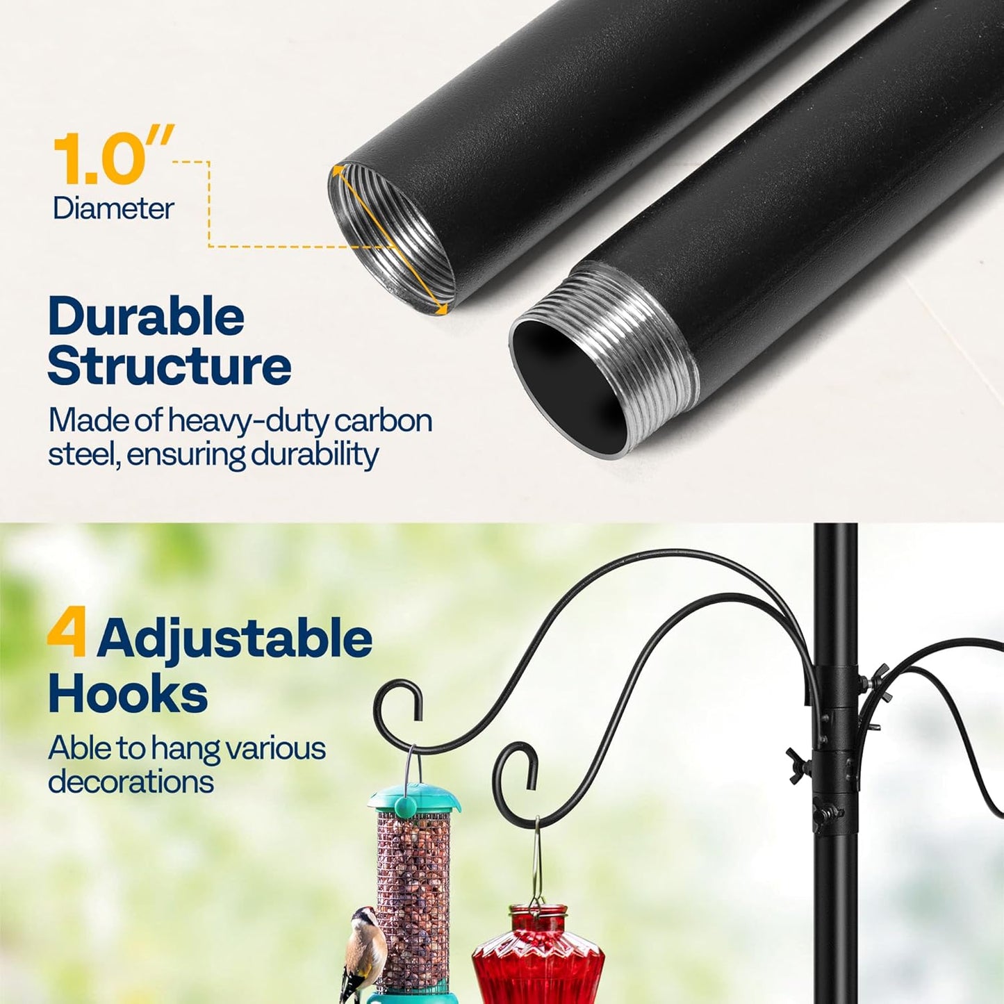 VIVOHOME 92 Inch Bird Feeder Pole with Squirrel Baffle and 4 Hooks, Outdoor Bird House Pole Mount Kit with 5 Prong, Heavy Duty Adjustable Bird Feeder Stand